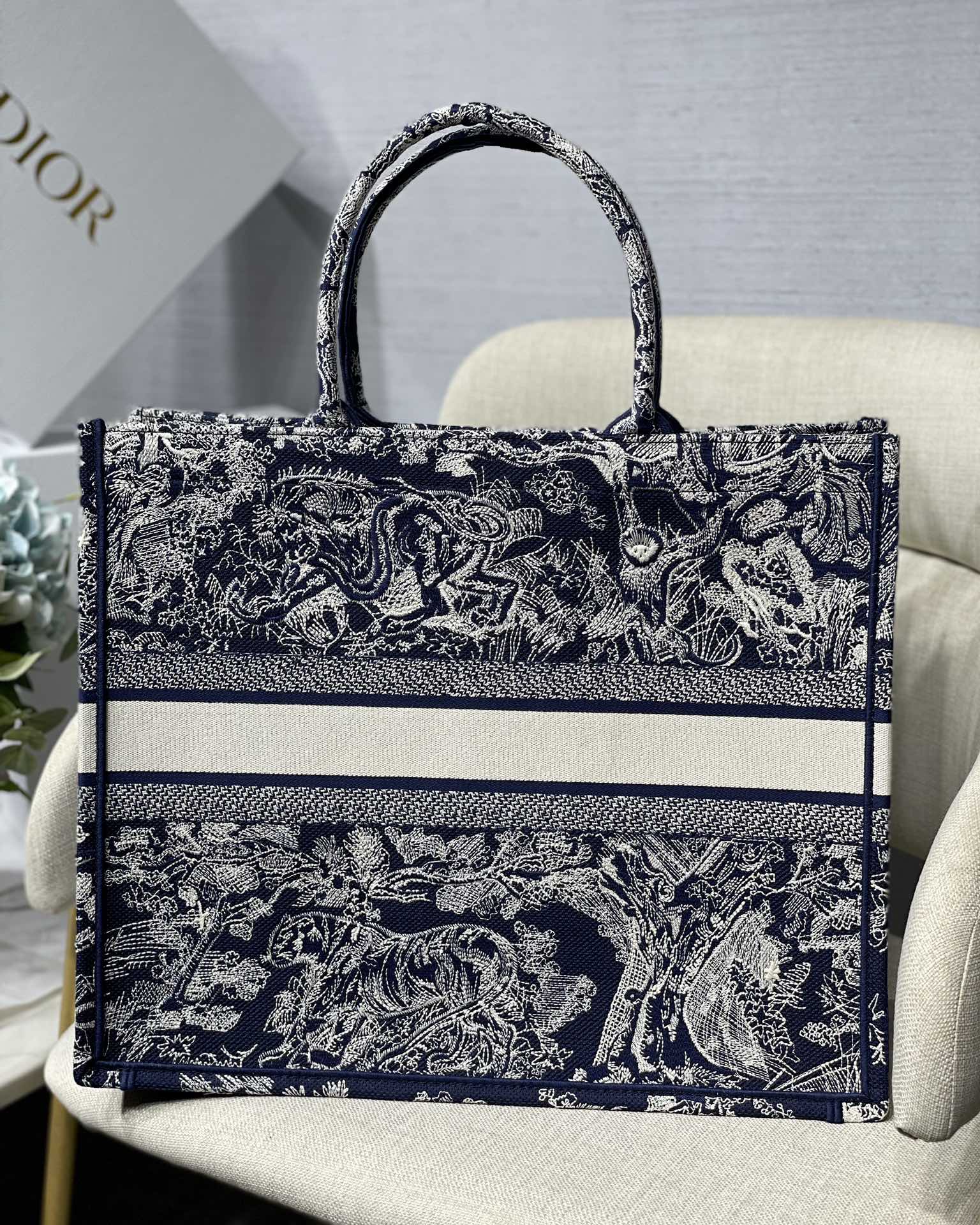 Large Dior Book Tote Bag Blue and Ecru Toile de Jouy Embroidery